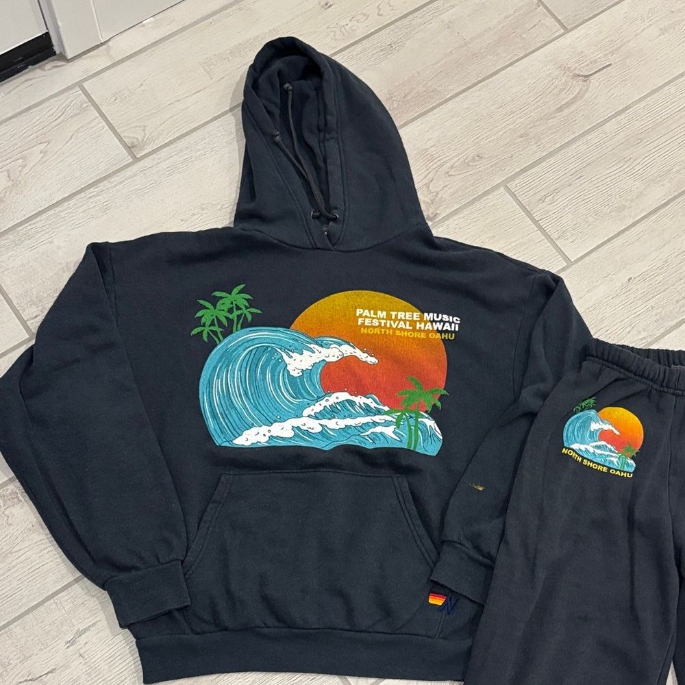 Aviator Nation Black Hoodie Sweatpants Set Hawaii palm tree music festival six s - Picture 2 of 11